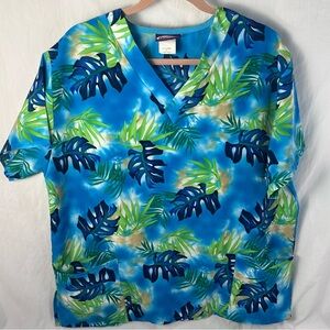 Silky Scrubs Women’s Tropical Leaves Print Scrub Top – Size Large 🌿💙🌴